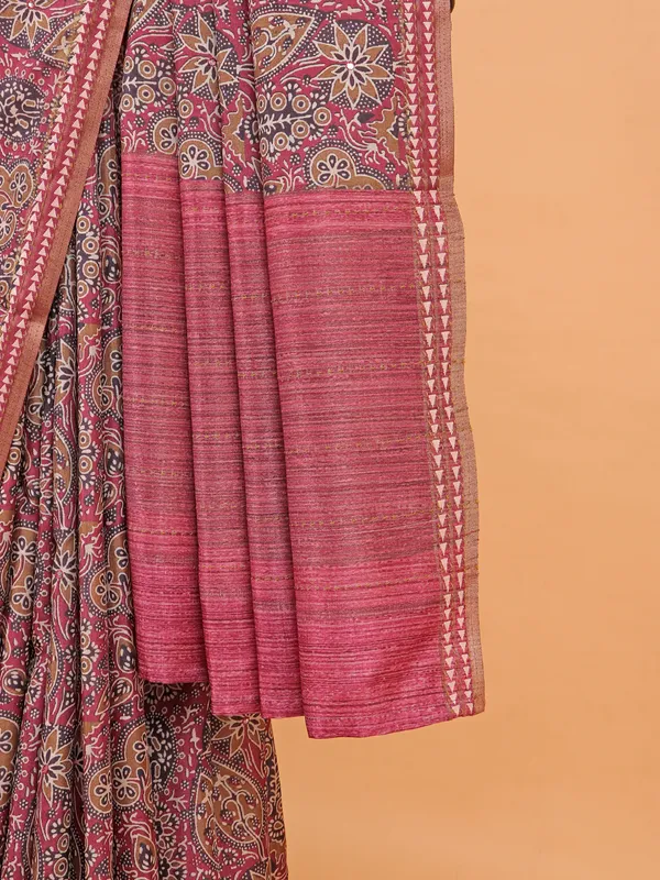 Onion pink printed saree in semi cotton silk
