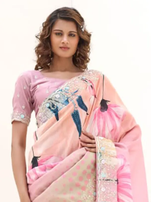 Onion pink printed satin silk saree