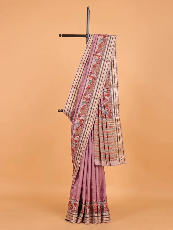 Onion pink printed semi cotton silk saree for women