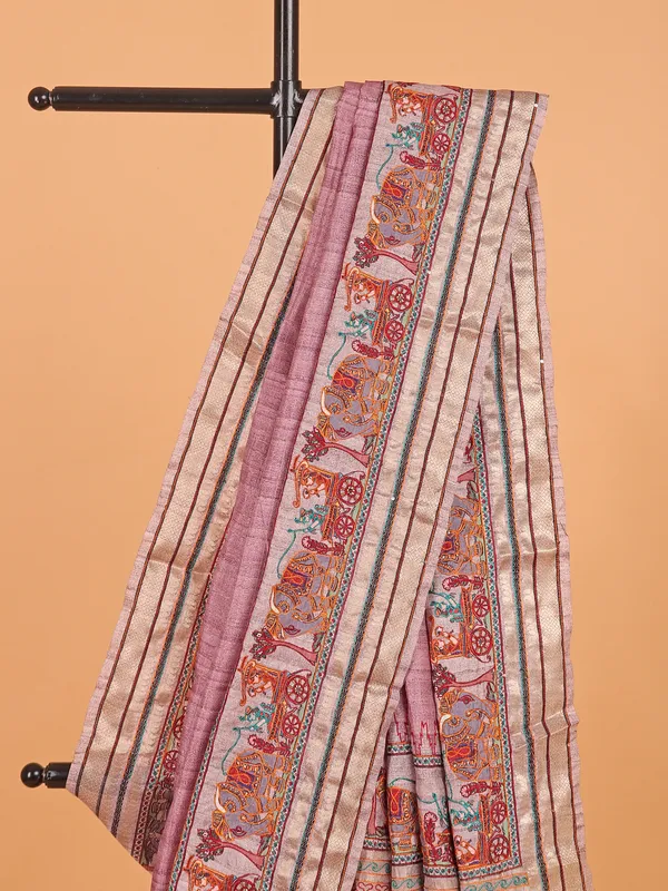 Onion pink printed semi cotton silk saree for women