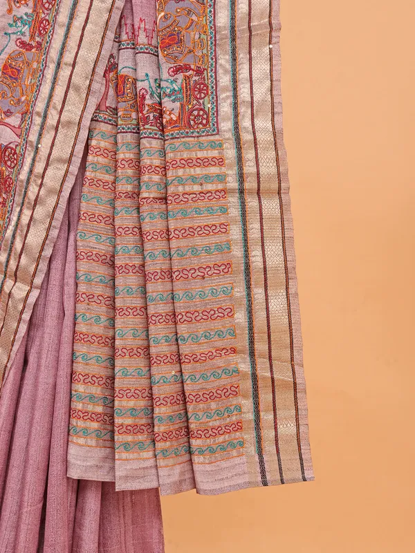 Onion pink printed semi cotton silk saree for women
