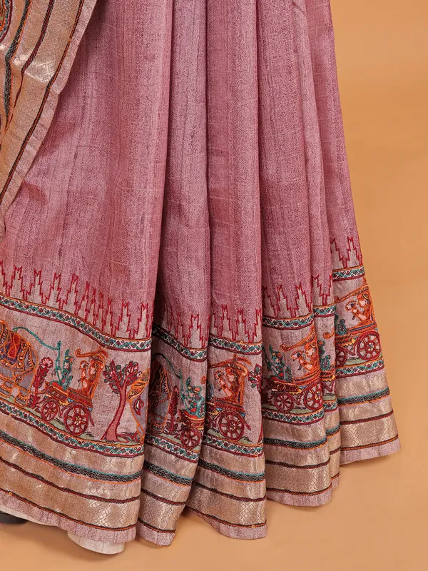 Onion pink printed semi cotton silk saree for women
