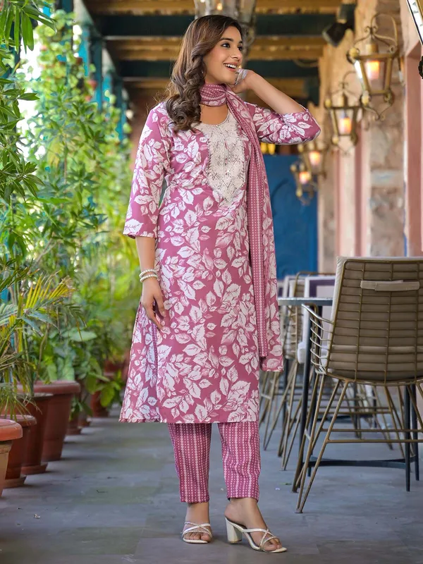 Onion pink printed silk kurti set