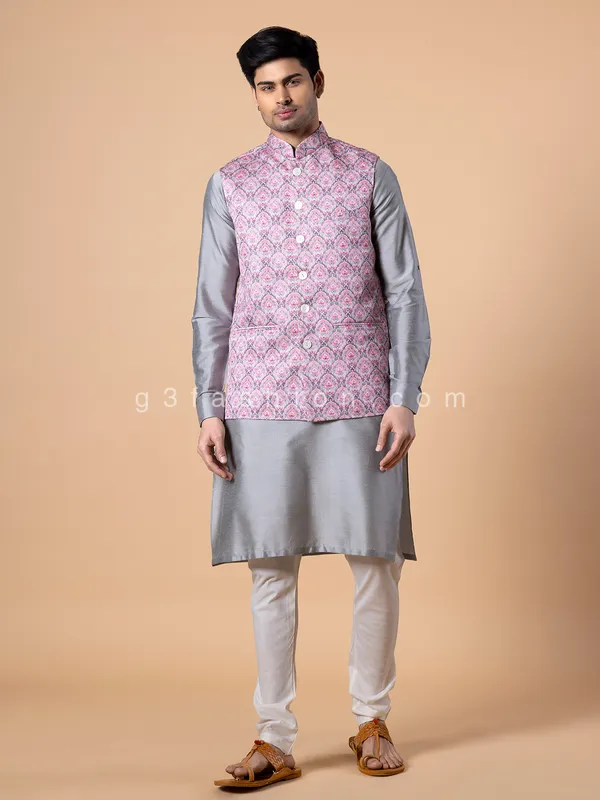 Onion pink printed silk waistcoat set