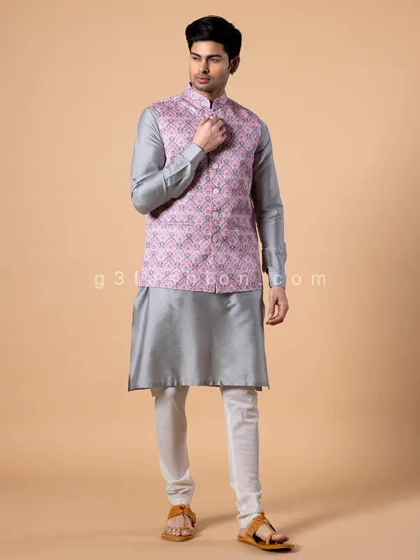 Onion pink printed silk waistcoat set