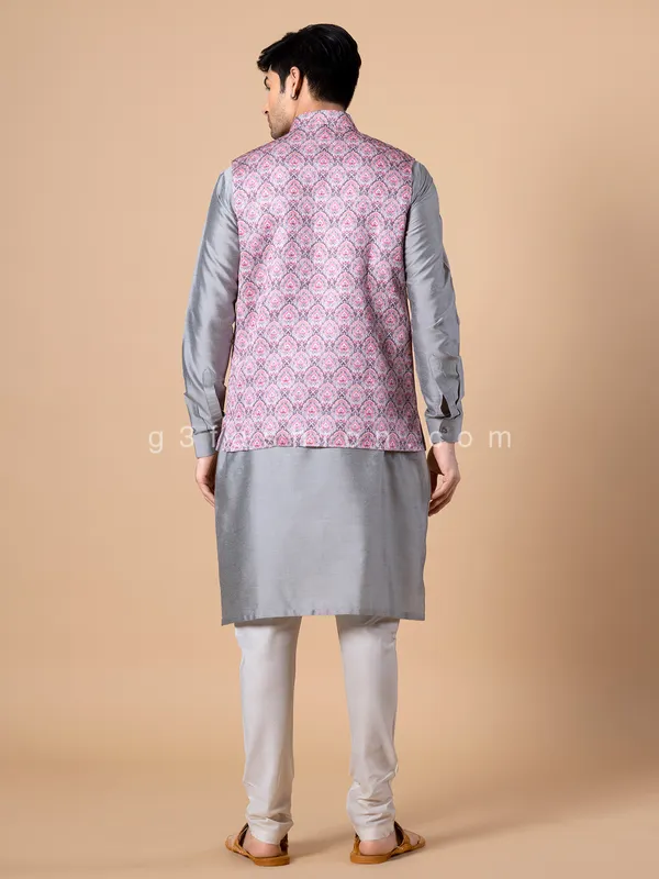 Onion pink printed silk waistcoat set