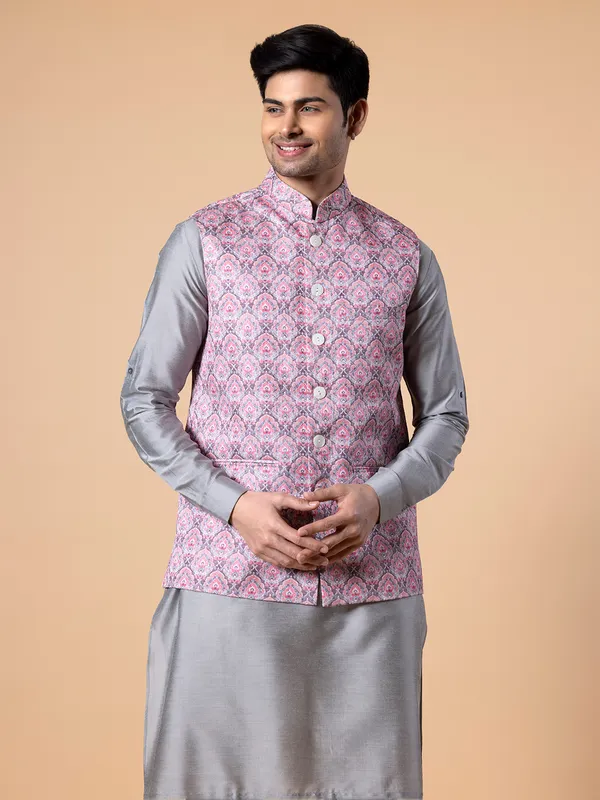 Onion pink printed silk waistcoat set