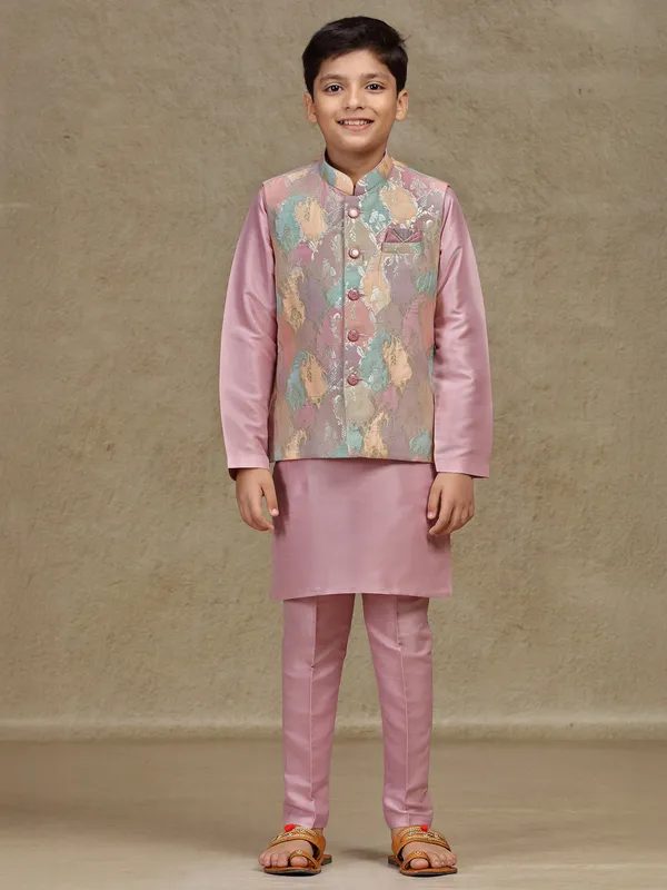 Onion pink printed silk waistcoat set for boys