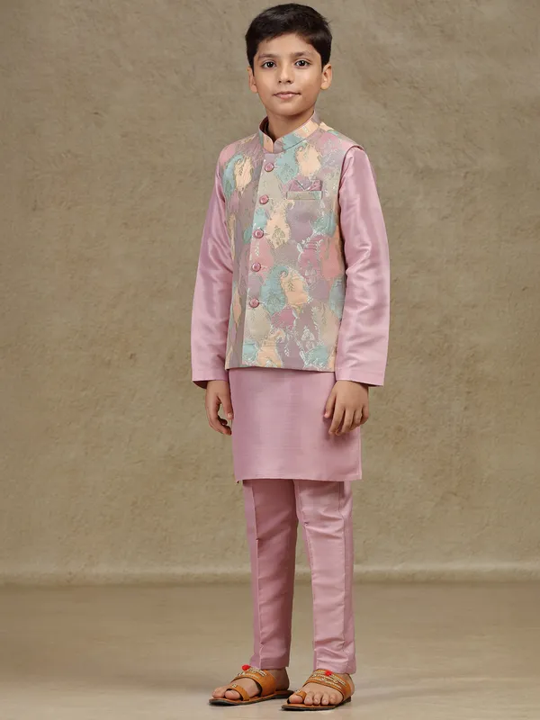 Onion pink printed silk waistcoat set for boys
