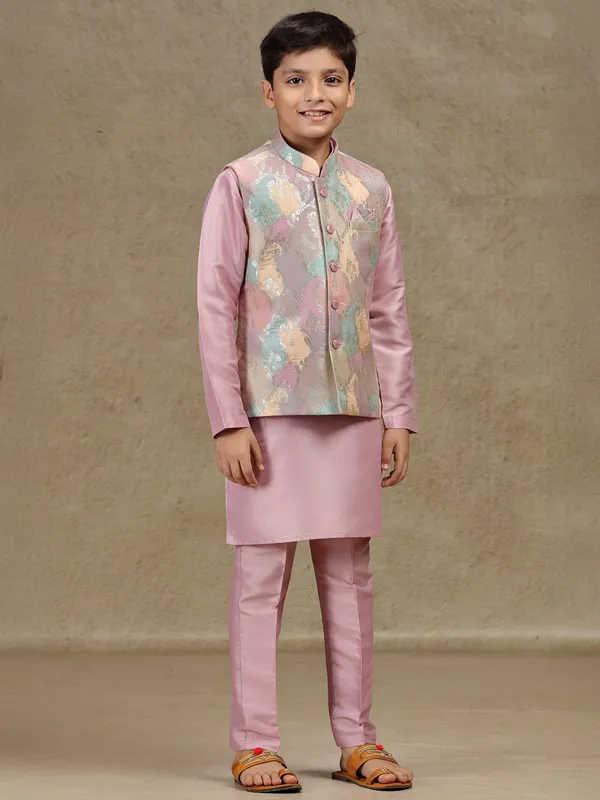 Onion pink printed silk waistcoat set for boys