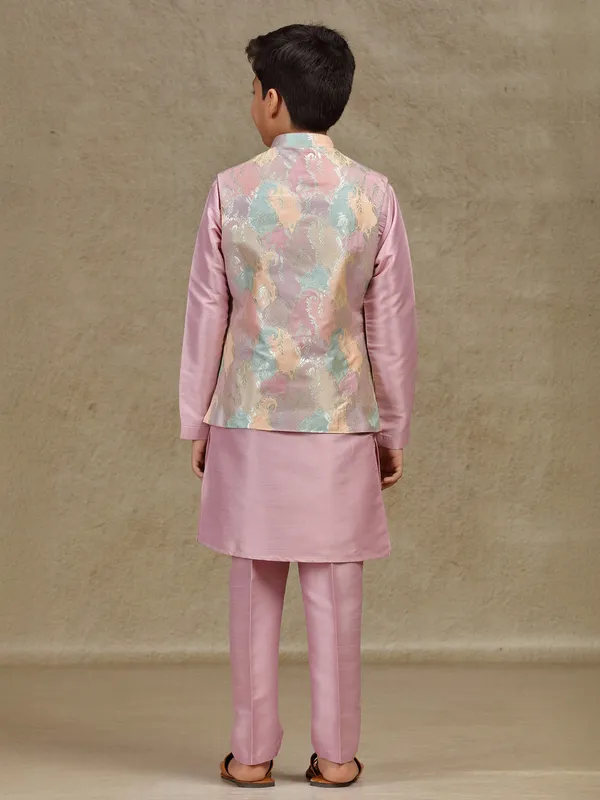 Onion pink printed silk waistcoat set for boys