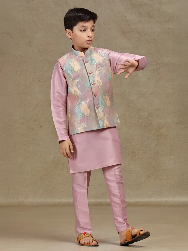 Onion pink printed silk waistcoat set for boys