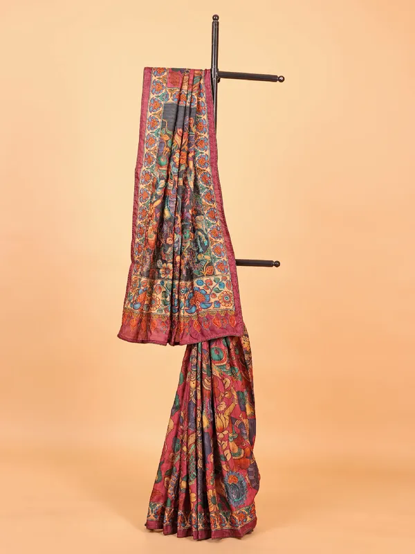 Onion pink printed tusser silk saree