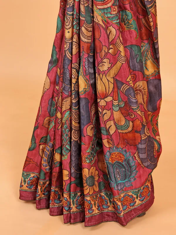 Onion pink printed tusser silk saree