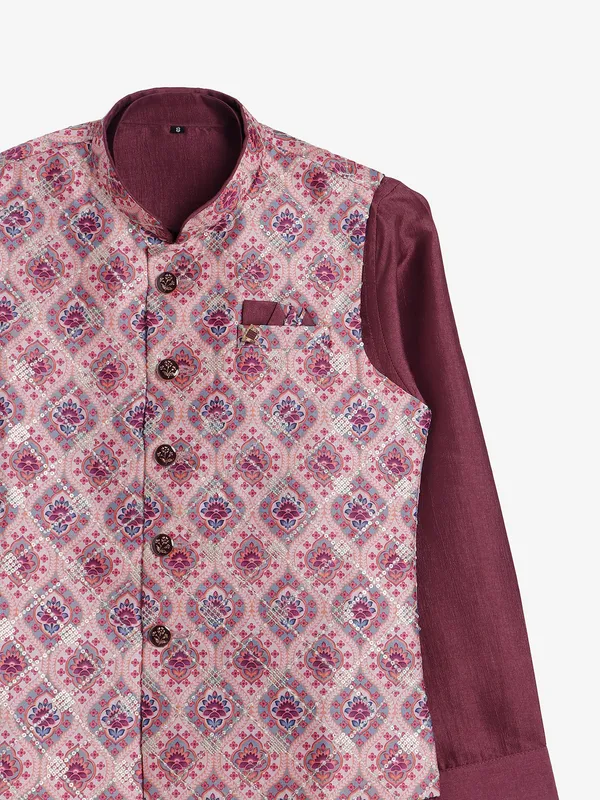 Onion pink printed waistcoat set in silk
