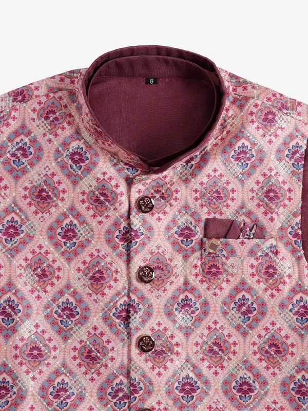 Onion pink printed waistcoat set in silk
