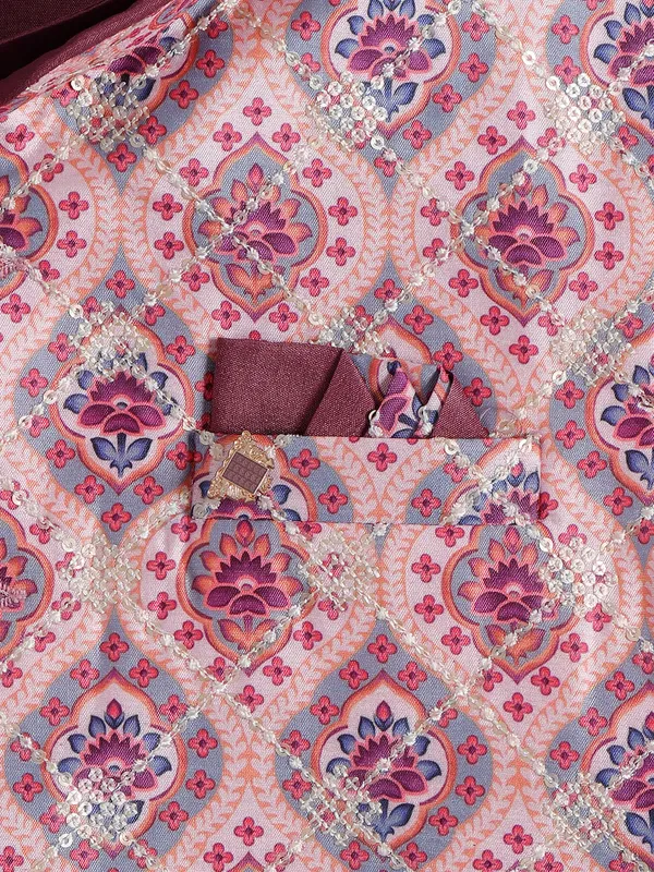 Onion pink printed waistcoat set in silk