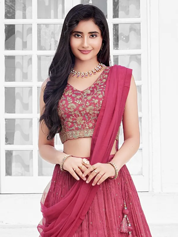 Onion pink resham worked silk lehenga choli