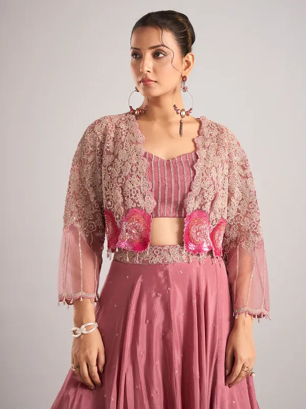 Onion pink satin silk jacket style lehenga choli
