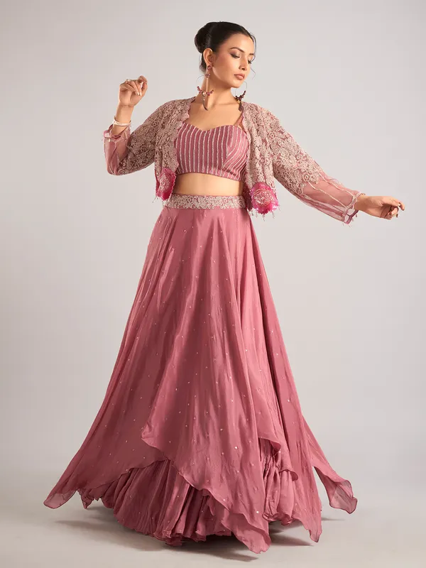 Onion pink satin silk jacket style lehenga choli