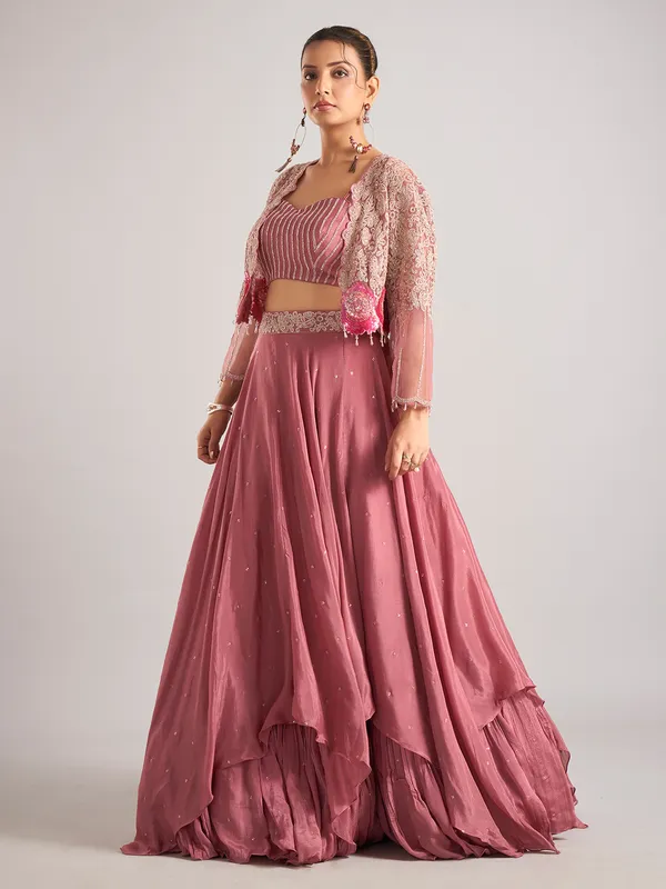 Onion pink satin silk jacket style lehenga choli