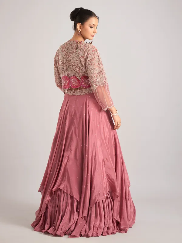 Onion pink satin silk jacket style lehenga choli