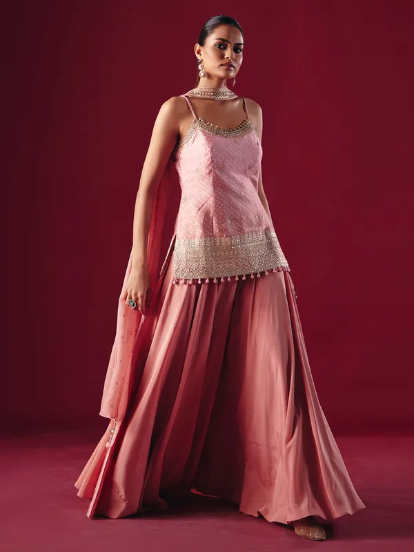Onion pink satin silk palazzo suit with dupatta
