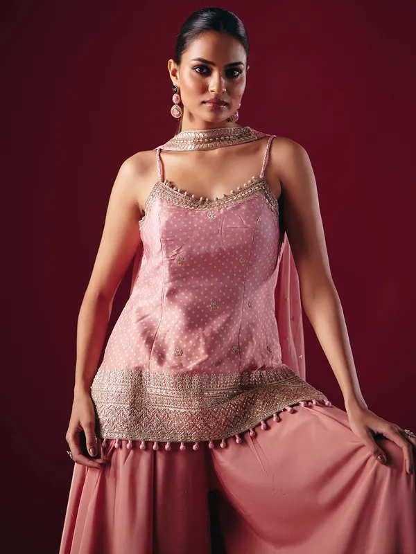 Onion pink satin silk palazzo suit with dupatta