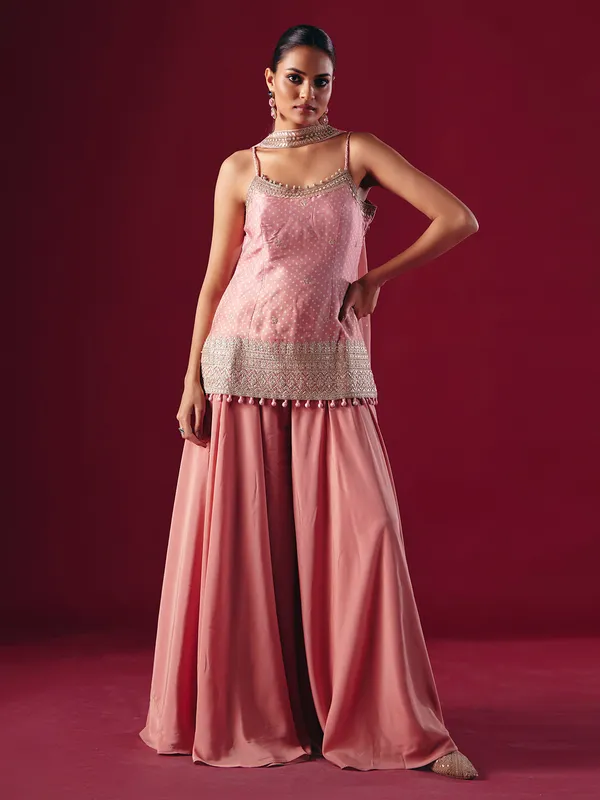 Onion pink satin silk palazzo suit with dupatta