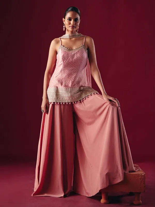 Onion pink satin silk palazzo suit with dupatta