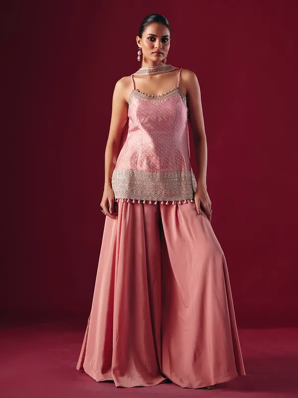 Onion pink satin silk palazzo suit with dupatta
