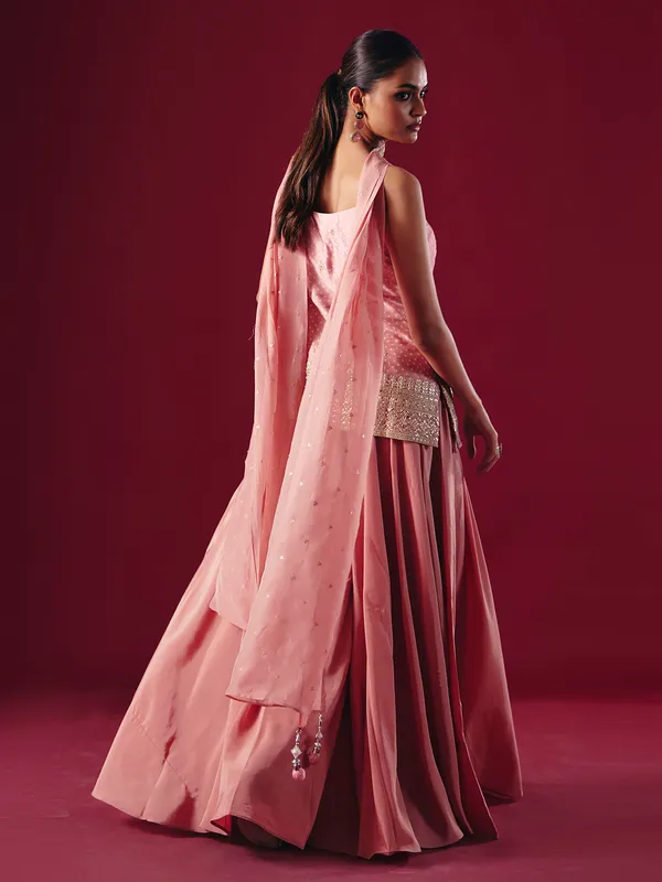Onion pink satin silk palazzo suit with dupatta