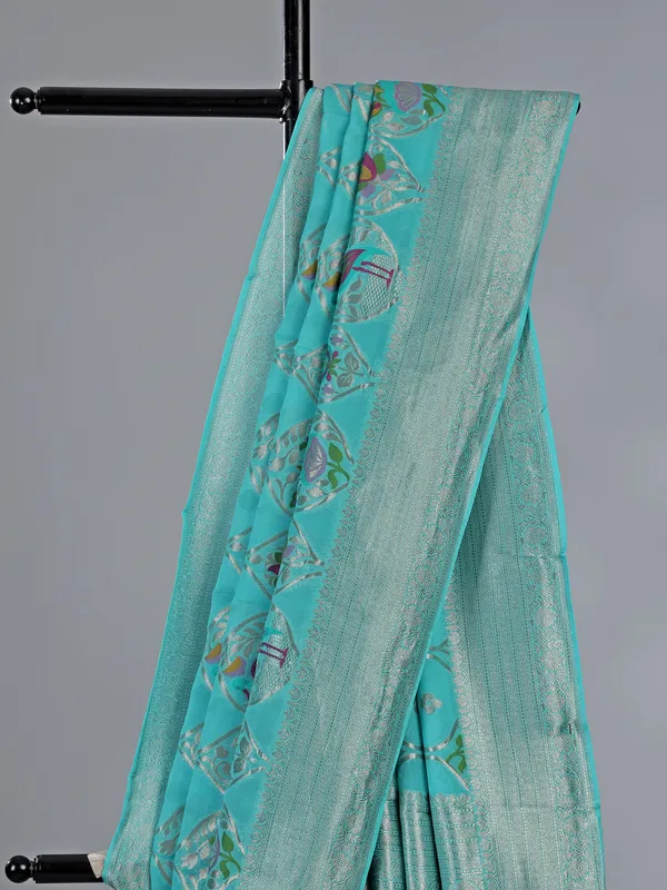 Mint blue satin silk saree for wedding style