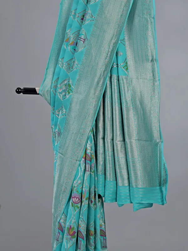 Mint blue satin silk saree for wedding style