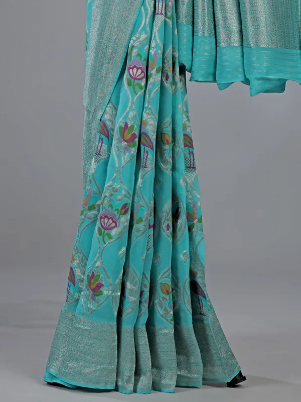 Mint blue satin silk saree for wedding style