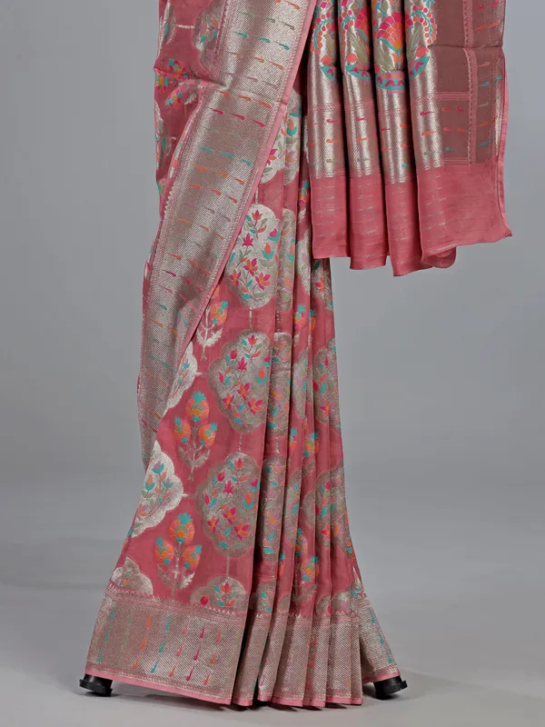 Onion pink satin silk saree for festive grace