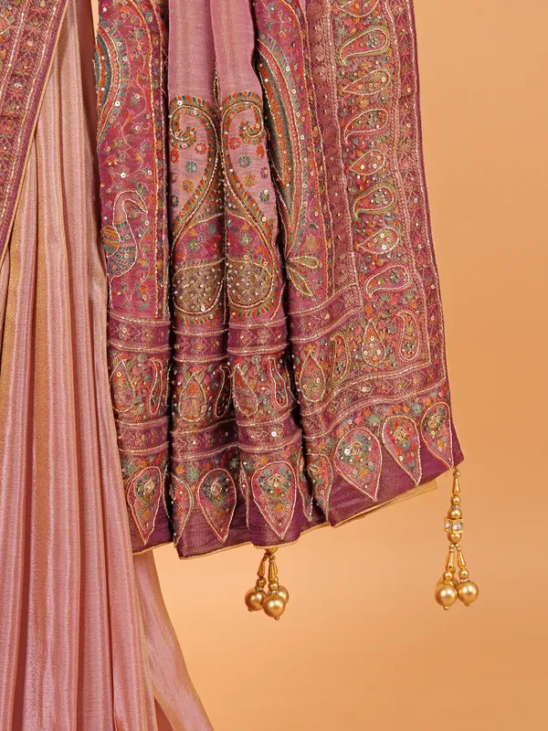 Onion pink semi pashmina wedding wear saree