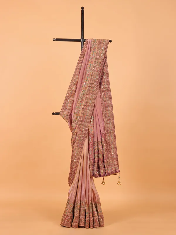 Onion pink semi pashmina wedding wear saree