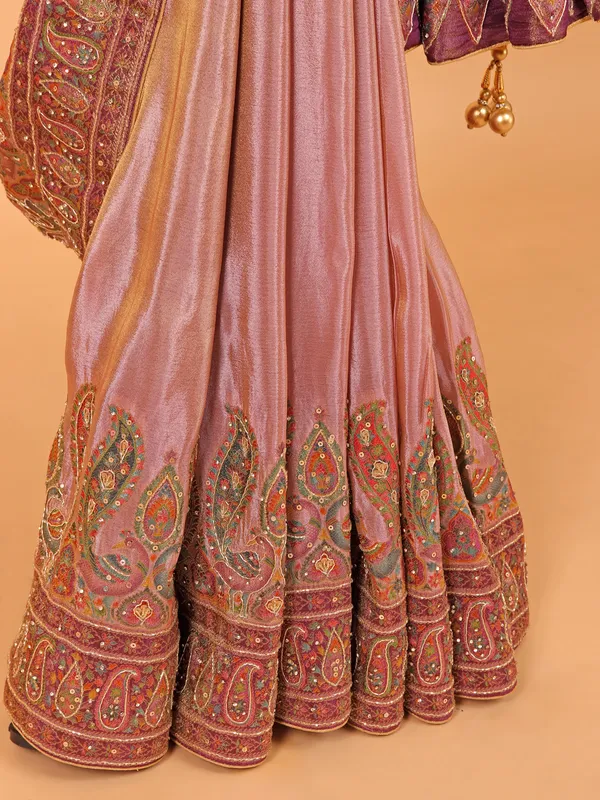 Onion pink semi pashmina wedding wear saree