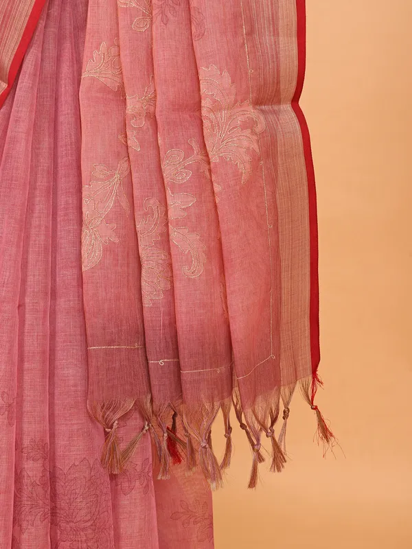 Onion pink semin linen saree for women