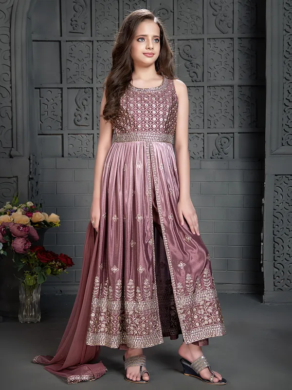 Onion pink shaded silk front slit salwar suit