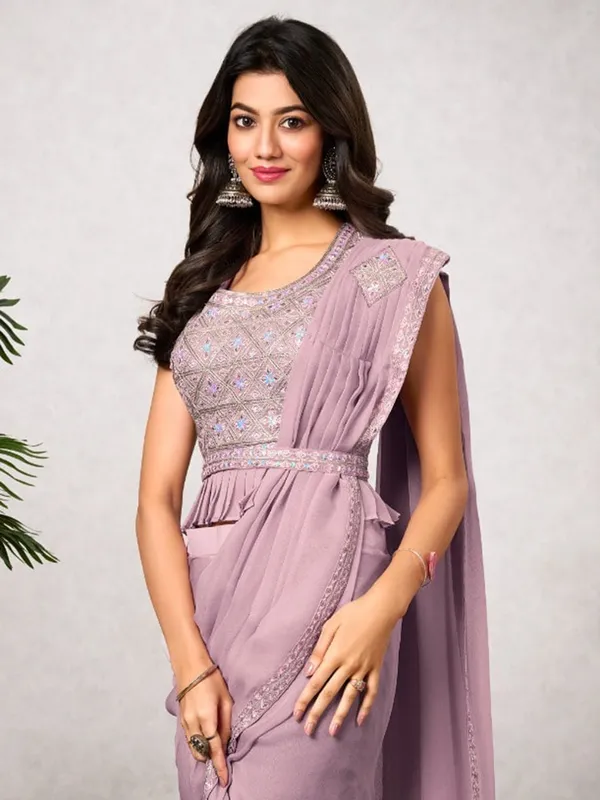 Onion pink shimmer georgette wedding wear saree