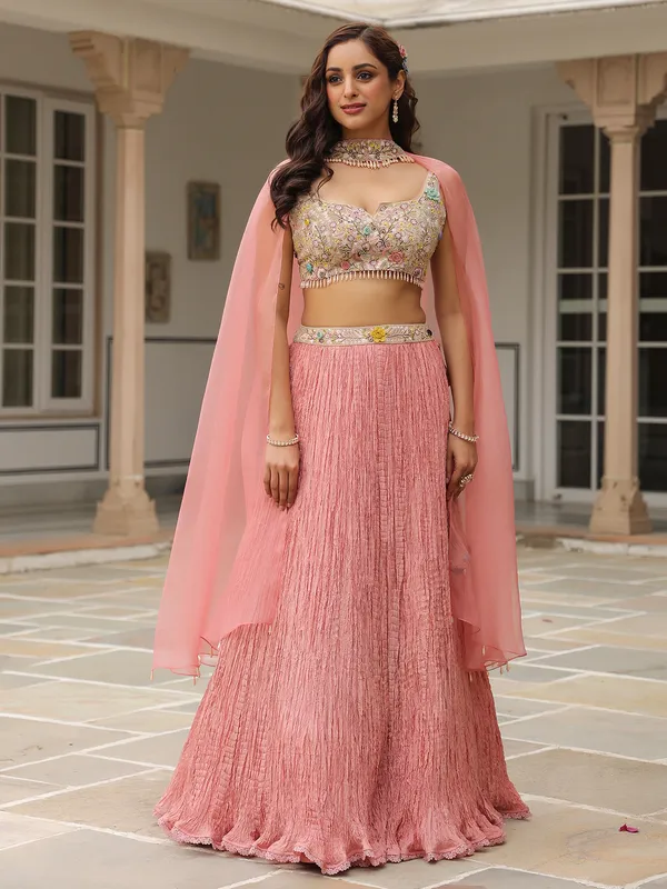 Onion pink silk and organza lehenga choli