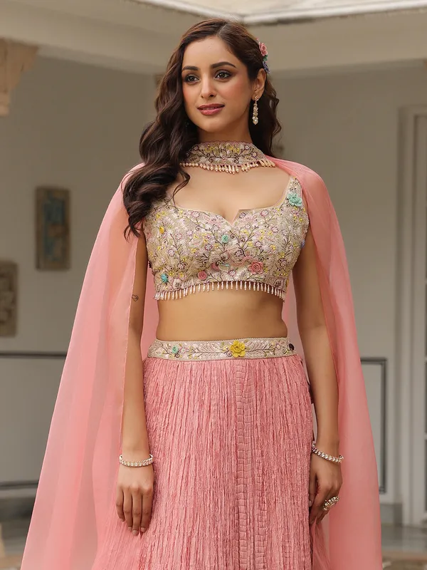 Onion pink silk and organza lehenga choli