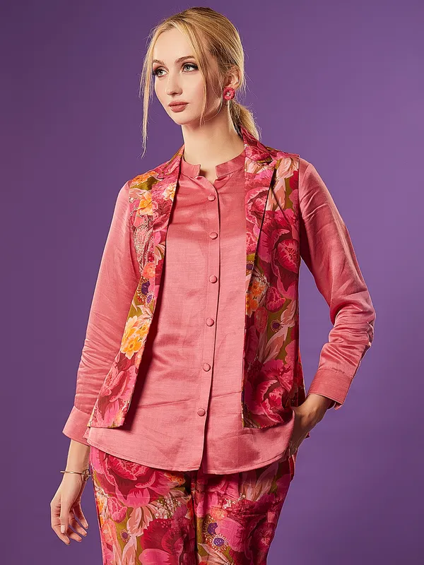 Onion pink silk co ord set in printed