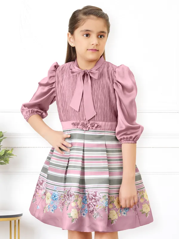 Onion pink silk girls frock with quarter sleeves