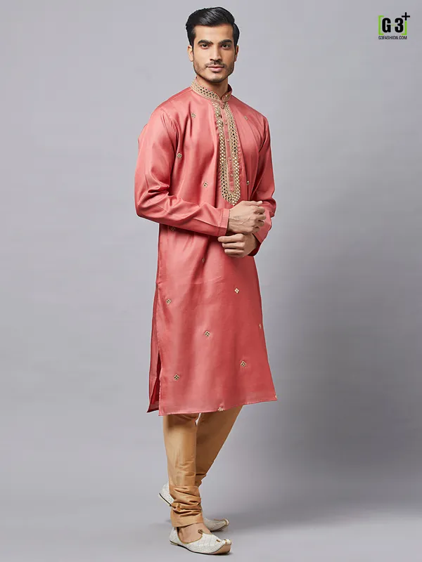 Peach color silk kurta set for mens