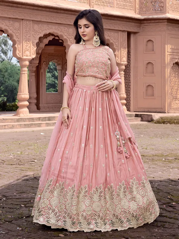 Onion pink silk lehenga choli with aabla work