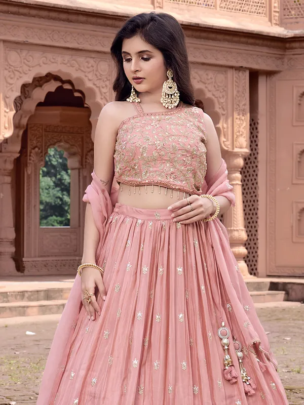 Onion pink silk lehenga choli with aabla work