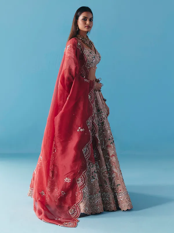 Onion pink silk lehenga choli with diamond charm